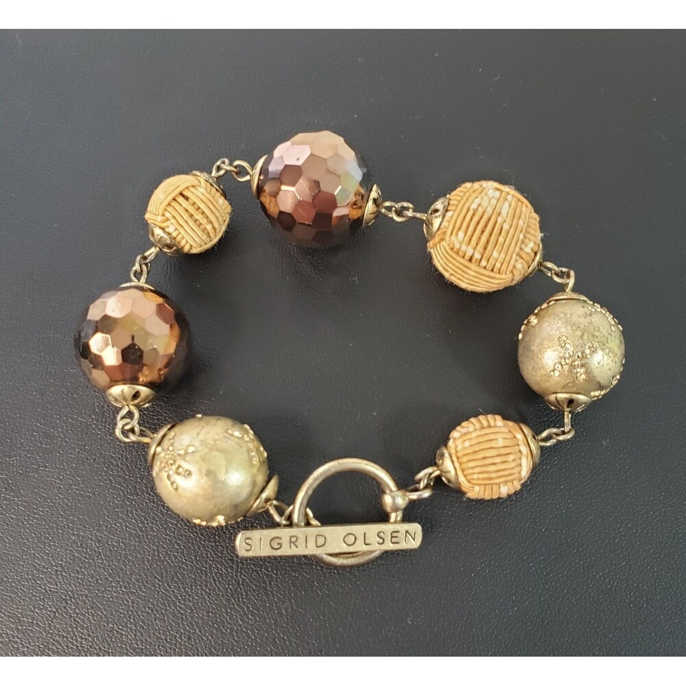 Sigrid Olsen Bead Bracelet Gold Tone Brown Faceted Tan Metallic Cord Toggle 8"
